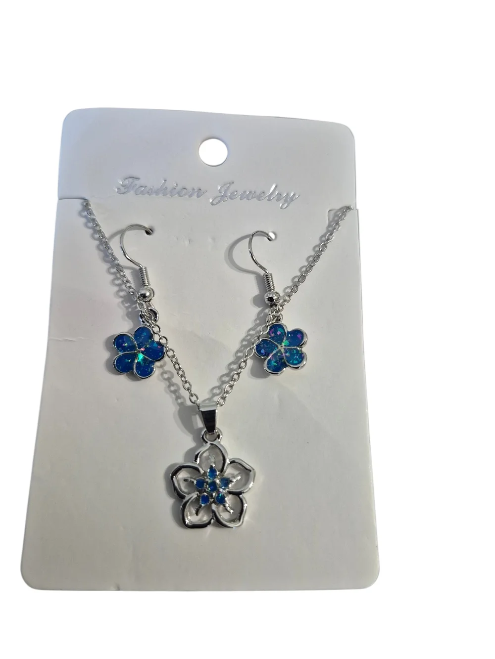 Fashion Jewelry‎ Silver Floral Necklace and Blue Flower Earrings Set